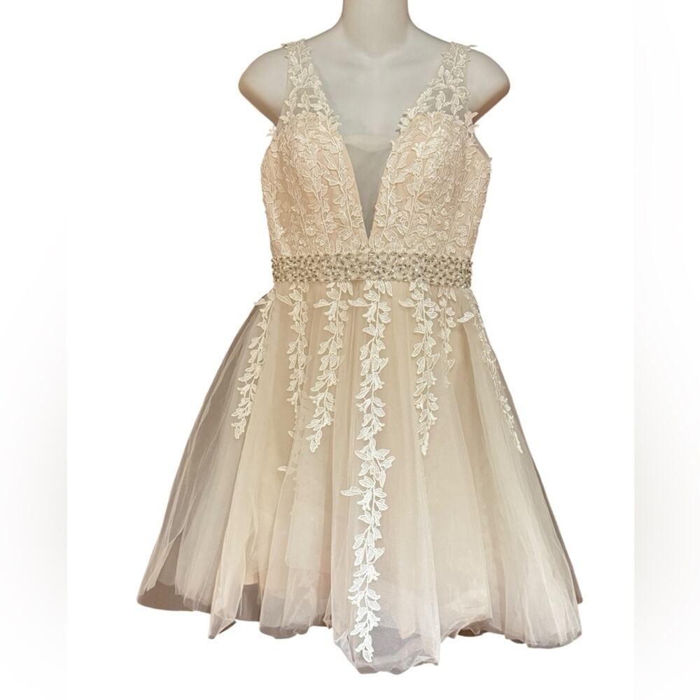 Ivory Lace A-Line Prom Dress with Beaded Waist
